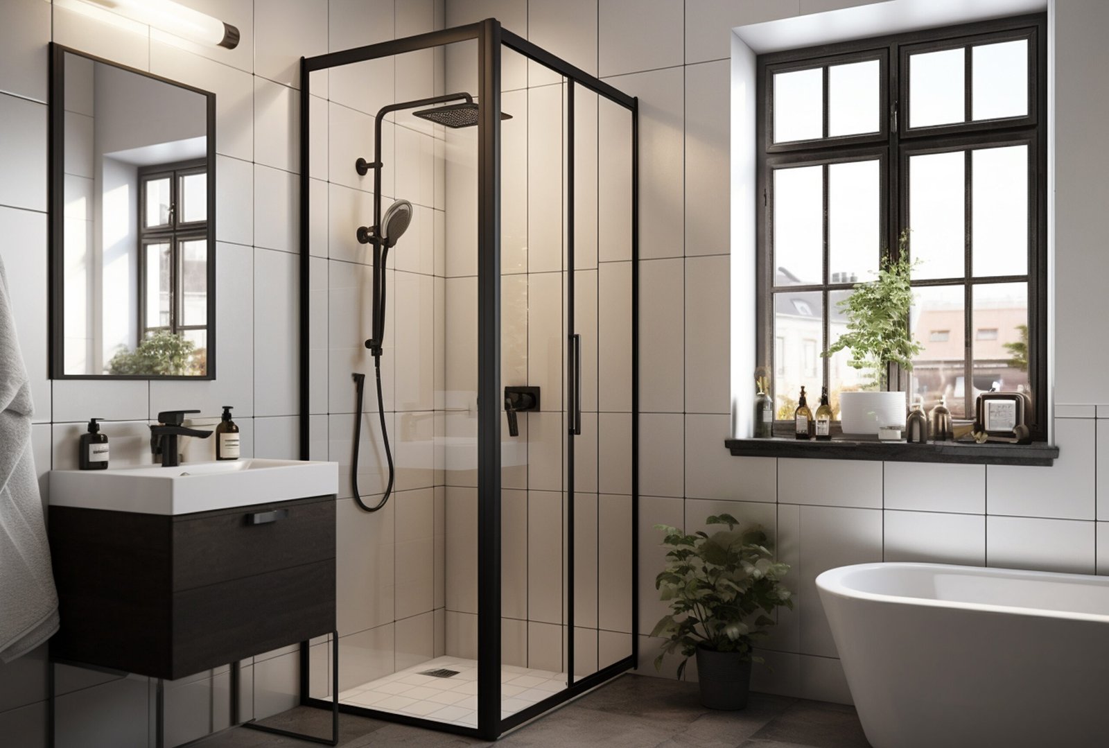 Modern frameless glass shower doors installed in a luxury East Haven master bathroom remodel